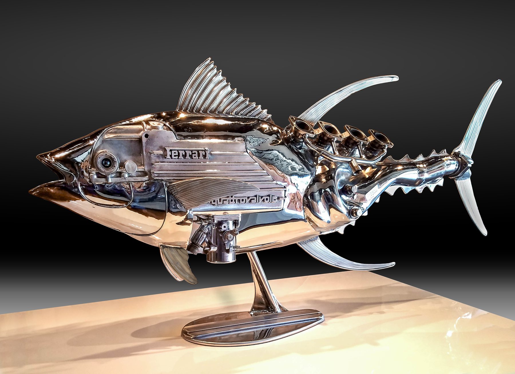 Tuna sculpture by James Ferrari built from vintage Ferrari engine components